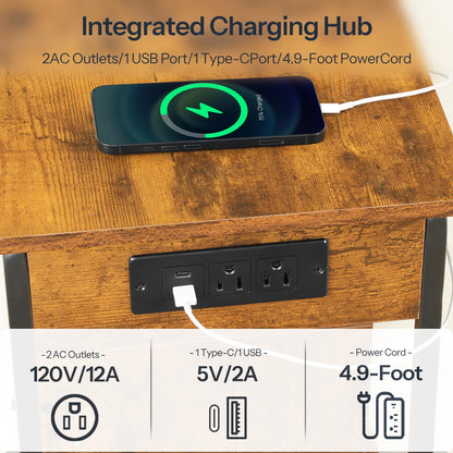 HOOBRO Narrow Nightstand with Charging Station & LED Lights, Narrow Side Table with Fabric Drawer, Open Shelves, Slim End Table for Living Room, Bedroom, Rustic Brown and Black BF430UDBZ01