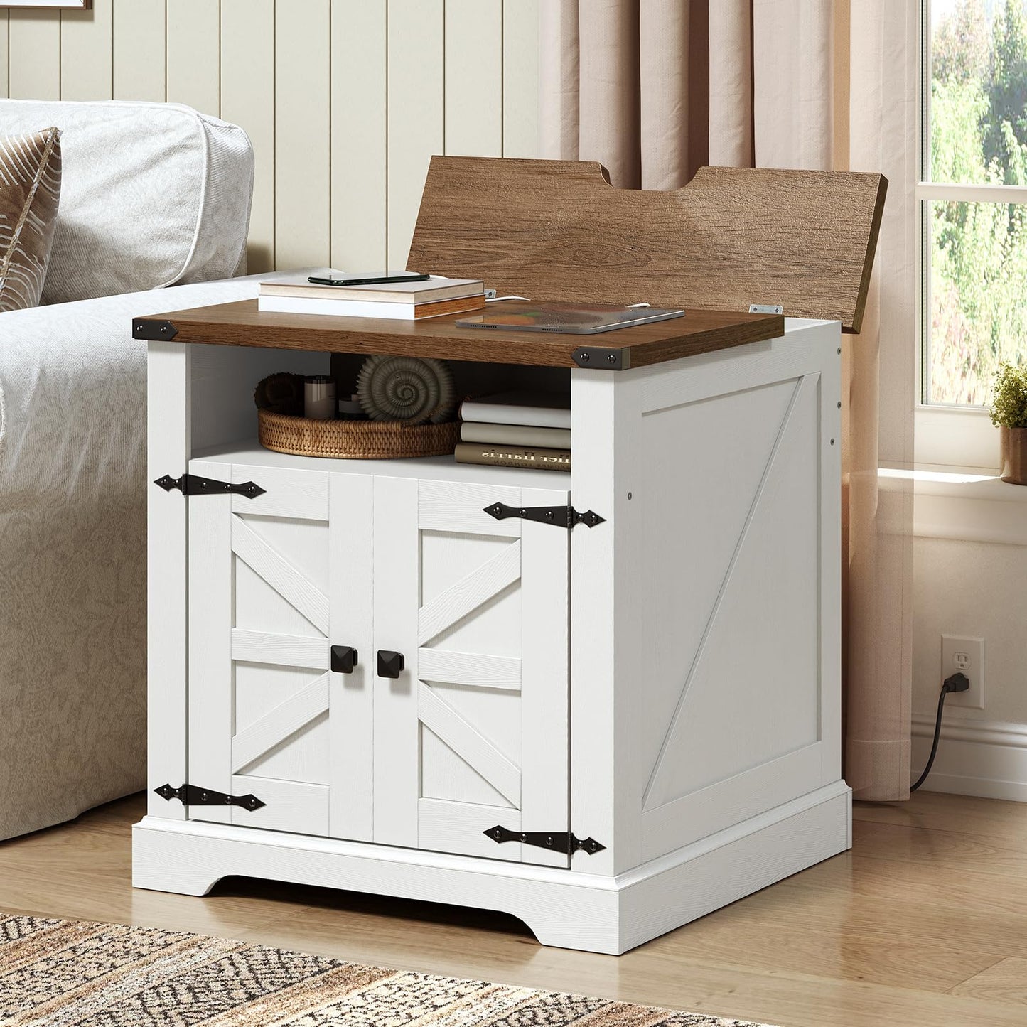 HOOBRO White 23.6-inch Wooden Farmhouse Style Flip-Top Side Table with Charging Station