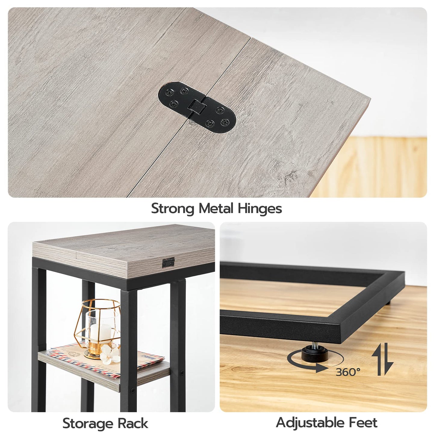 HOOBRO Greige C-Type Folding Side Table with Storage Shelf