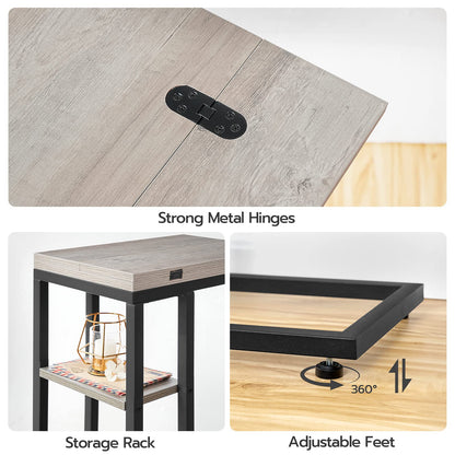 HOOBRO Greige C-Type Folding Side Table with Storage Shelf