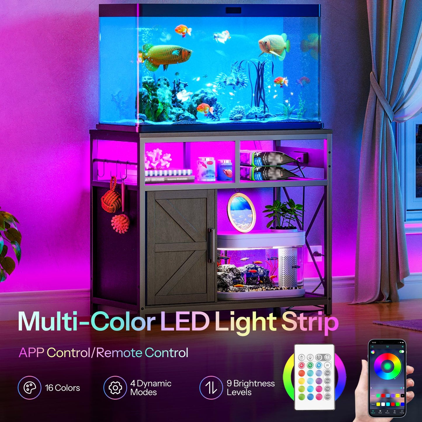 HOOBRO 40-50 Gallon Fish Tank Stand with Power Outlet & LED Light