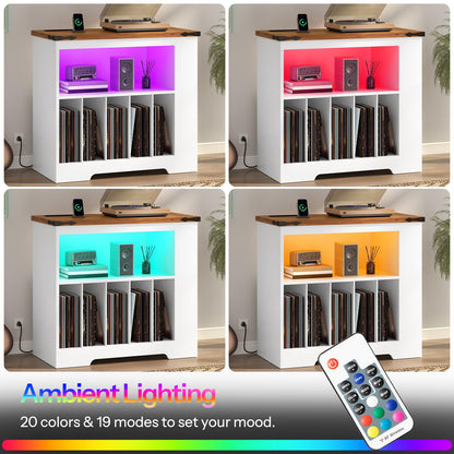 HOOBRO Large Record Player Stand with Charging Station & LED Lights