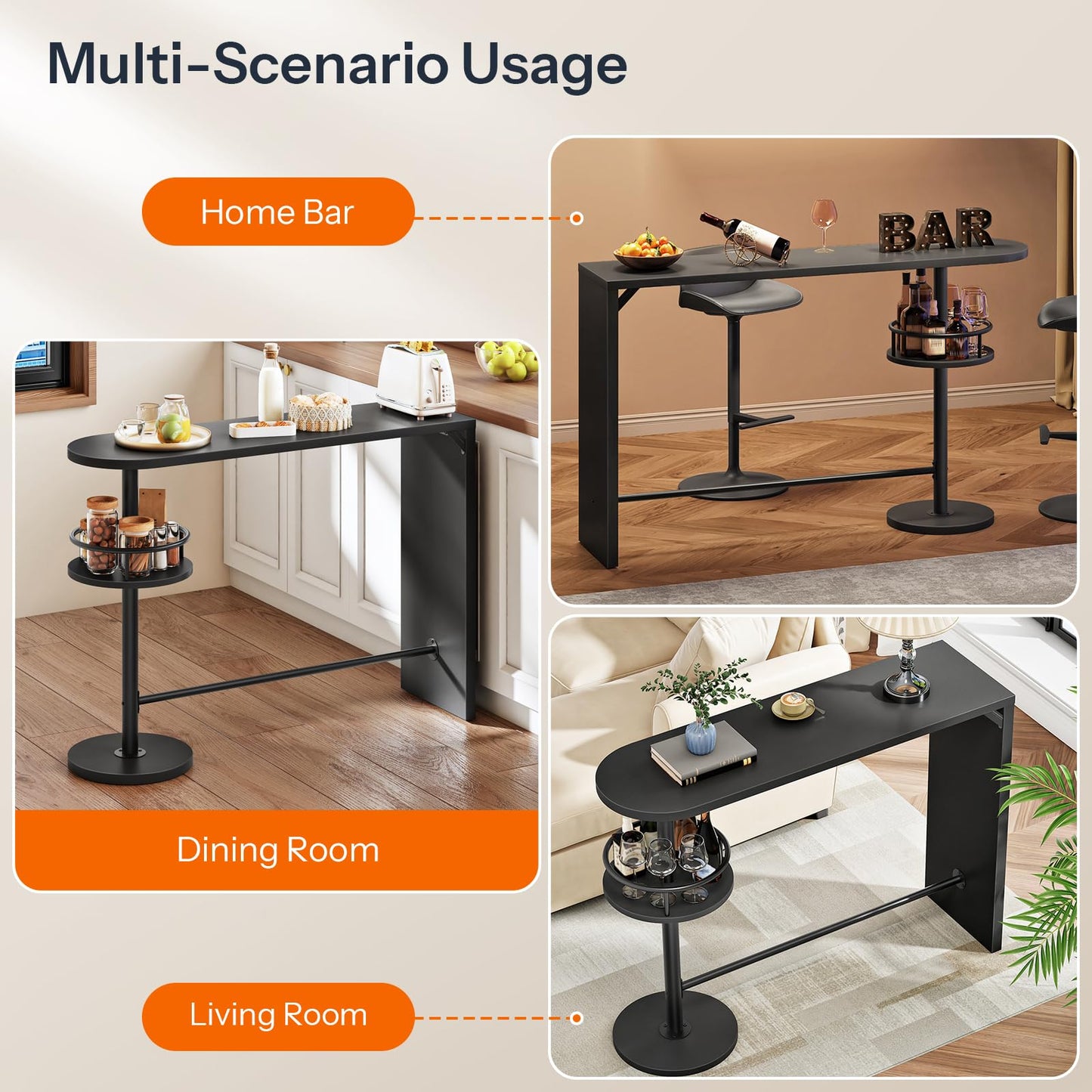 Black side table with multi-scenario usage in home bar, dining room, and living room settings.