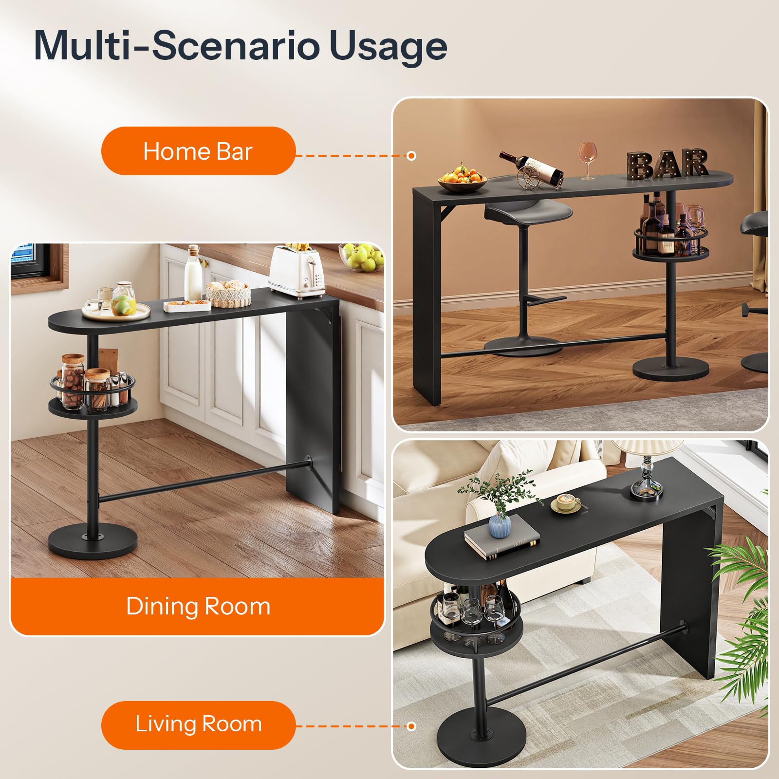 Black side table with multi-scenario usage in home bar, dining room, and living room settings.