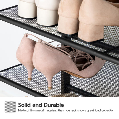 Black metal shoe rack with pink high heels on a white background