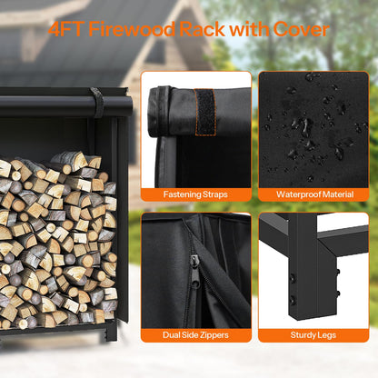 HOOBRO 4FT Adjustable Firewood Rack with 2 Hooks & Cover