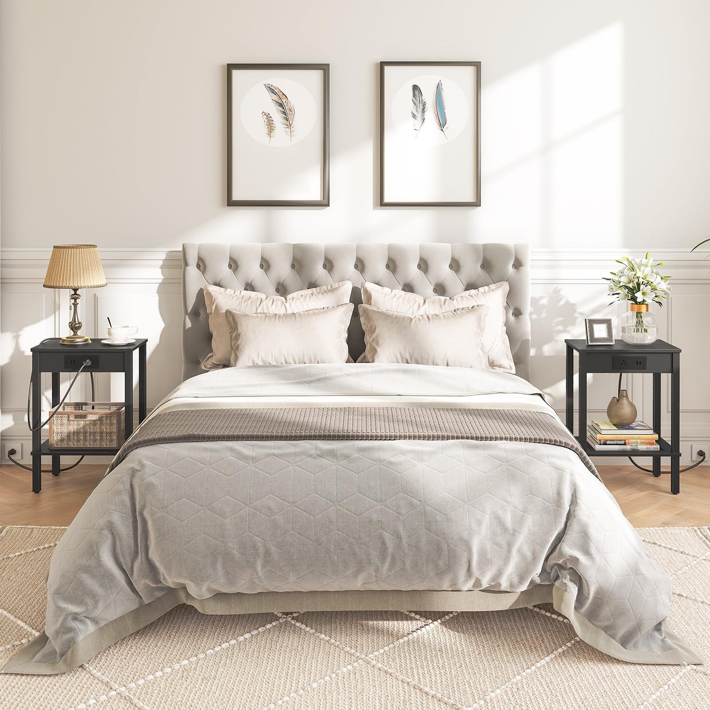 HOOBRO Black Side Table with Double Storage Shelf & USB Power Outlet /2PICS