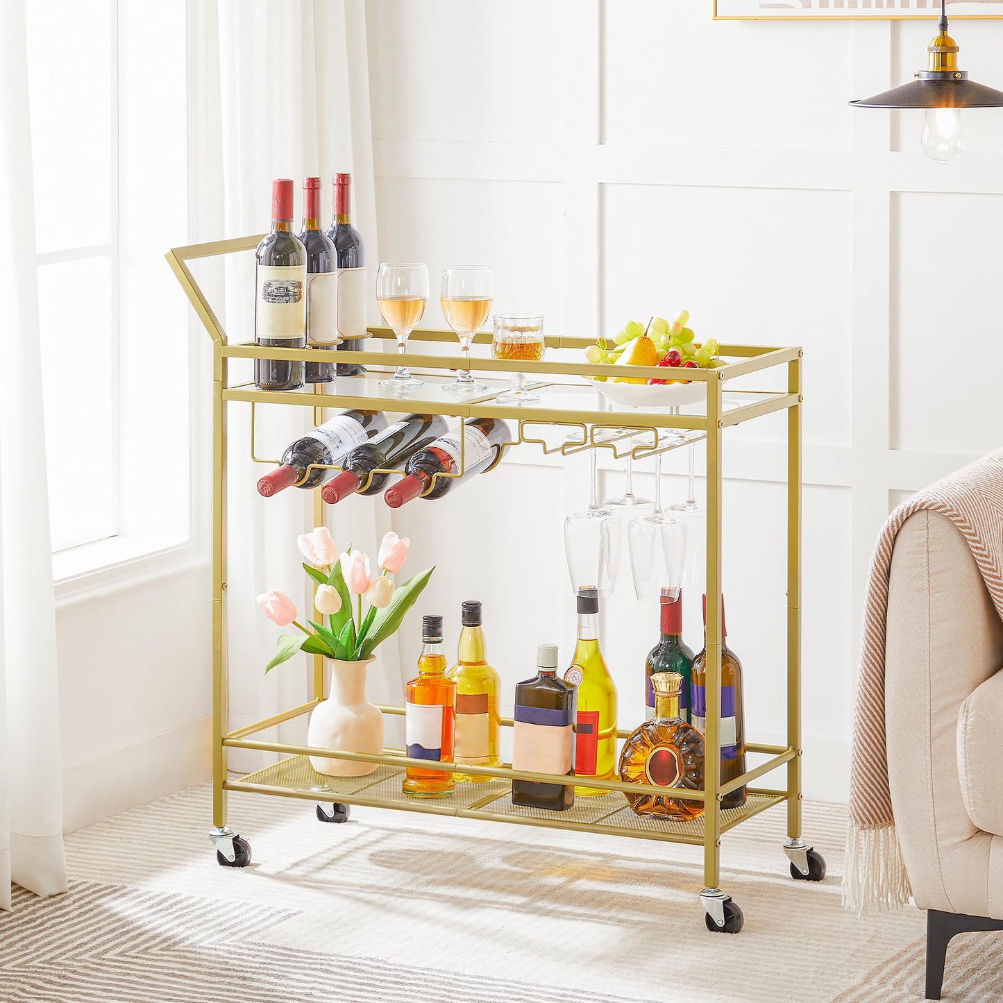 HOOBRO Gold Double-Layer Movable Home Bar Trolley with Wine Rack & Glass Holder & Guardrail