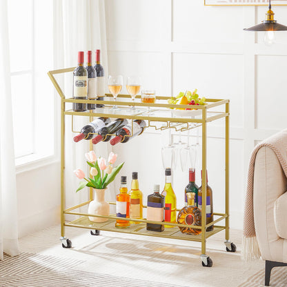 HOOBRO Gold Double-Layer Movable Home Bar Trolley with Wine Rack & Glass Holder & Guardrail