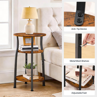 HOOBRO Small Round Side Table, 3-Tier Oval End Table with Storage, Slim Night Stand for Small Spaces, Corner Sofa Table for Living Room, Bedroom, Rustic Brown and Black BF258BZ01