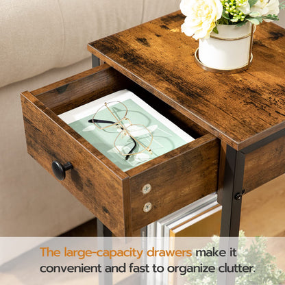 HOOBRO Retro Brown Industrial Style High Side Table with Drawers & Storage Shelves