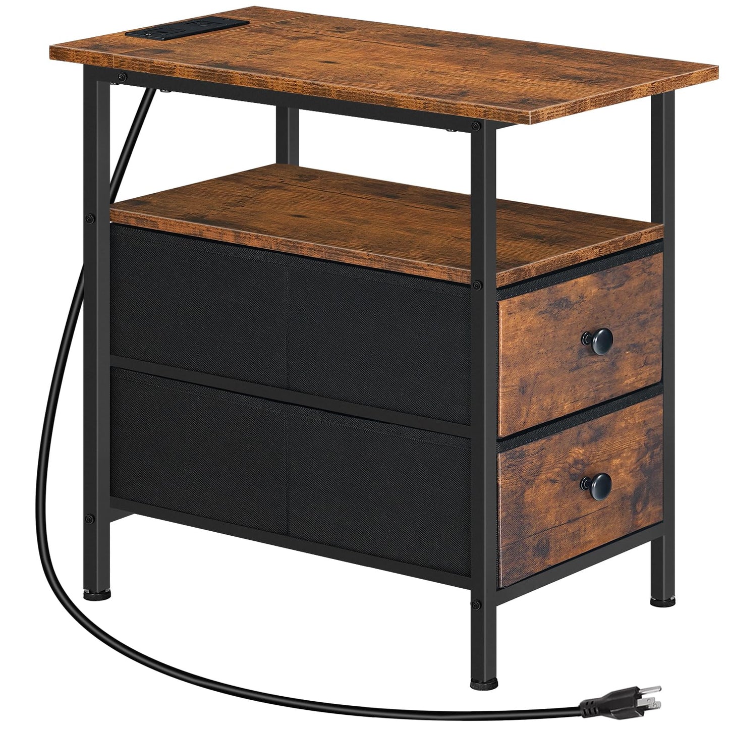HOOBRO End Table with Charging Station, Narrow Side Table, Nightstand with 2 Non-Woven Drawers, Slim Sofa Side Table, for Small Spaces, Living Room, Bedroom, Rustic Brown and Black BF486UBZ01