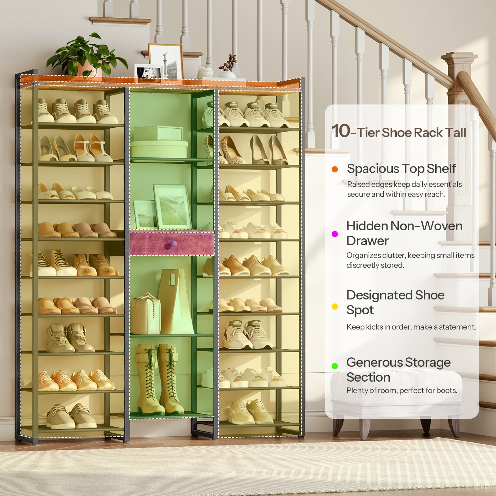 10-tier shoe rack with shoes on shelves in a home setting