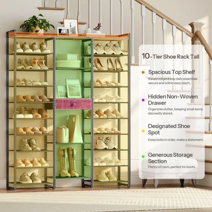 10-tier shoe rack with shoes on shelves in a home setting