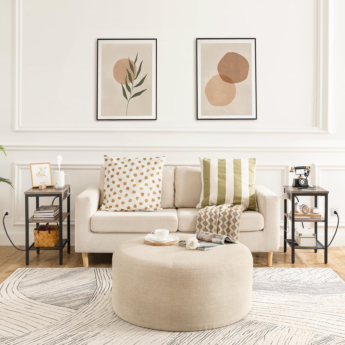 Living room with a beige sofa, ottoman, and decorative pillows.