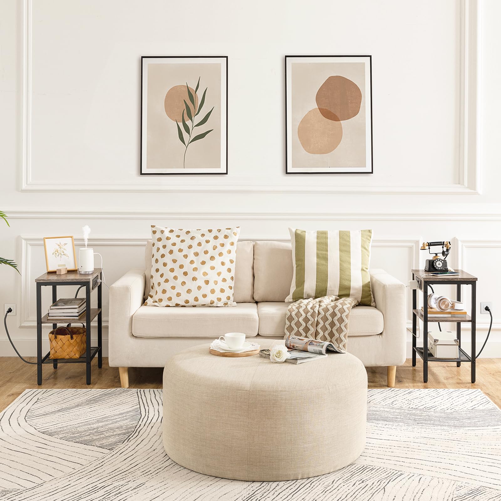 Living room with a beige sofa, ottoman, and decorative pillows.