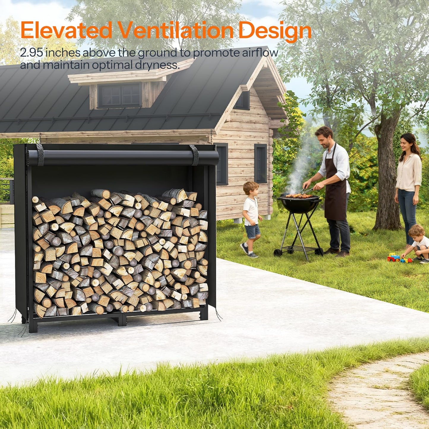 HOOBRO 4FT Adjustable Firewood Rack with 2 Hooks & Cover