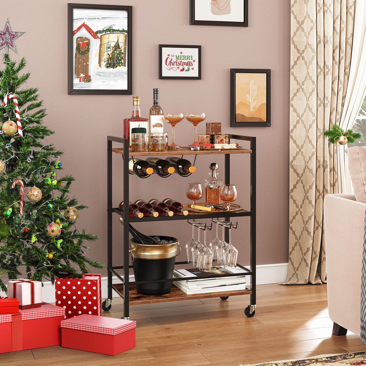 HOOBRO Retro Brown Three-Tier Movable Wheeled Bar Trolley with Wine Rack & Glass Holder