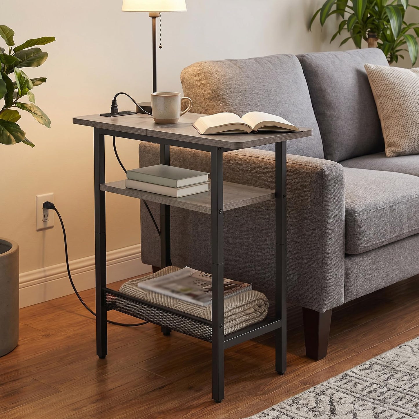 HOOBRO Side Table, Narrow End Table with Shelf, Charging Station, Wide Storage Tabletop, 3-Tier Bedside Tables for for Small Spaces, Living Room, Bedroom, Greige and Black BG366UBZ01