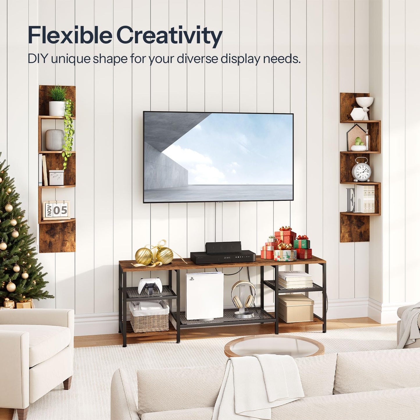 HOOBRO Retro Brown Wall-Mounted Corner Shelf / 2pics