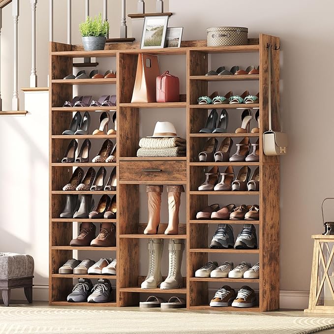 HOOBRO 10-Tier Wooden Shoe Rack for 25-33 Pairs of Shoes