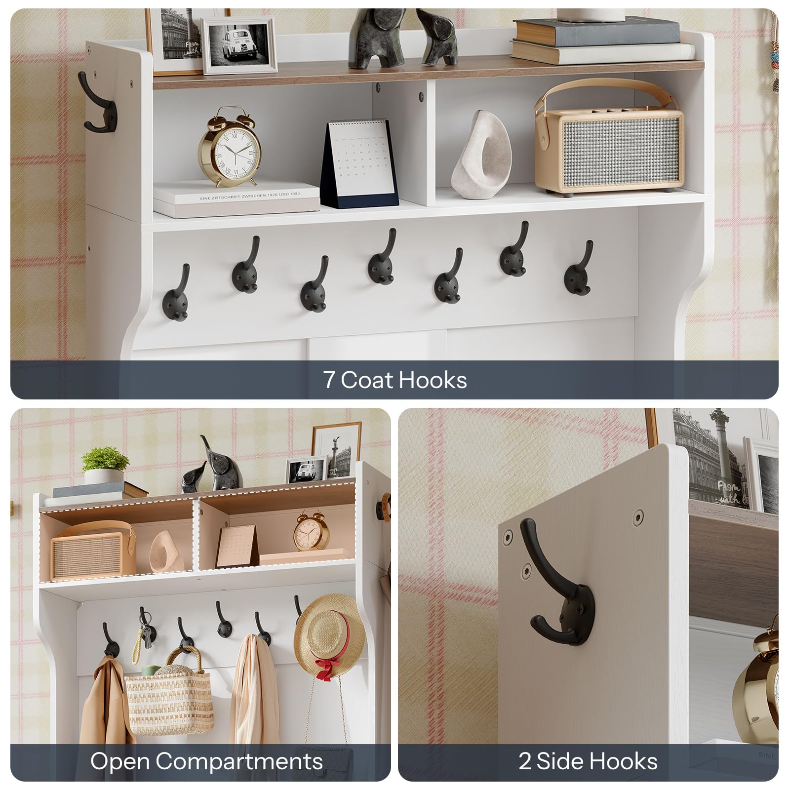White wall-mounted shelf with coat hooks and open compartments, featuring various decorative items.