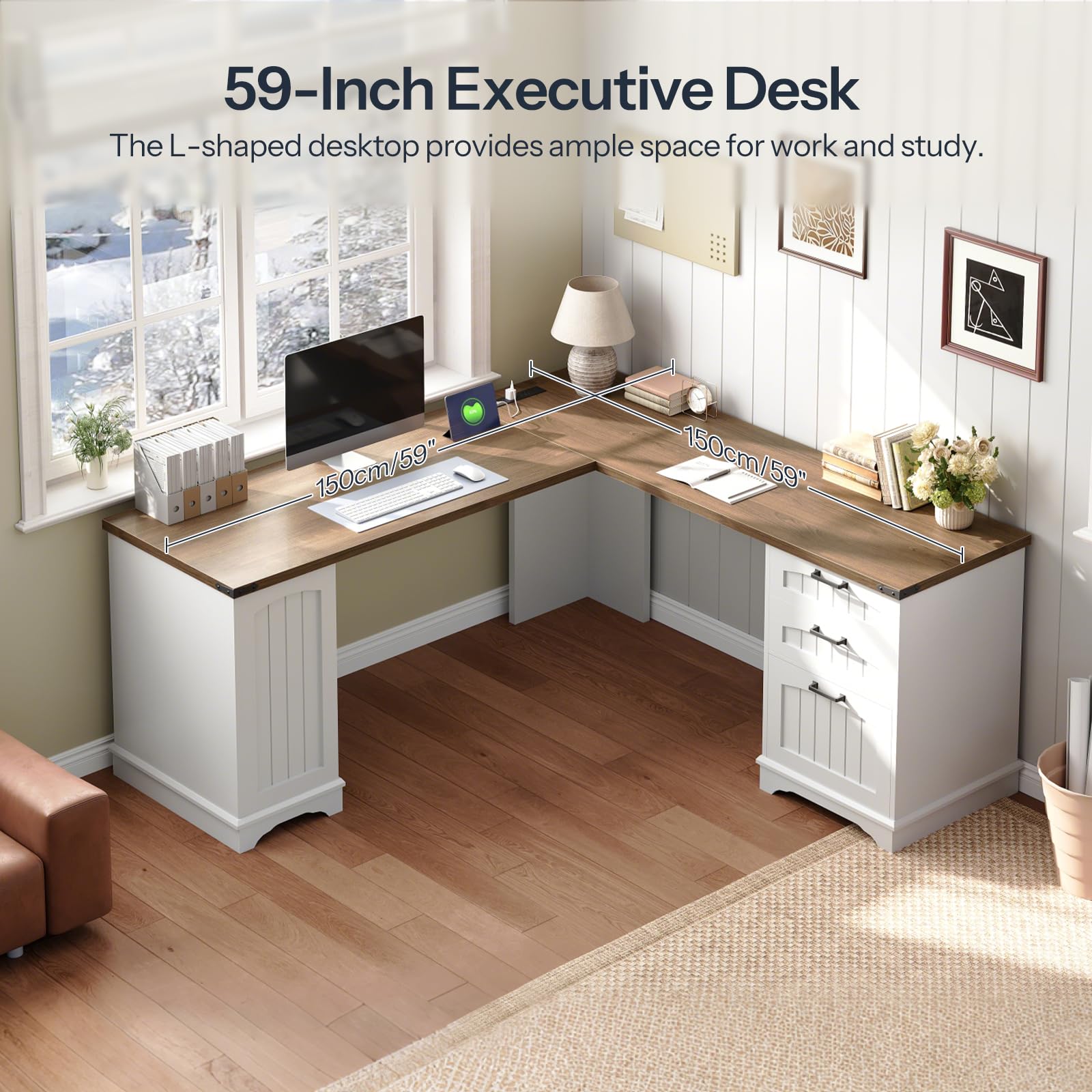 L-shaped executive desk in a home office setting with a computer setup.