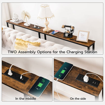 HOOBRO Brown 63-inch Narrow Console Table with Charging Station & 2 Power Outlets & USB Port