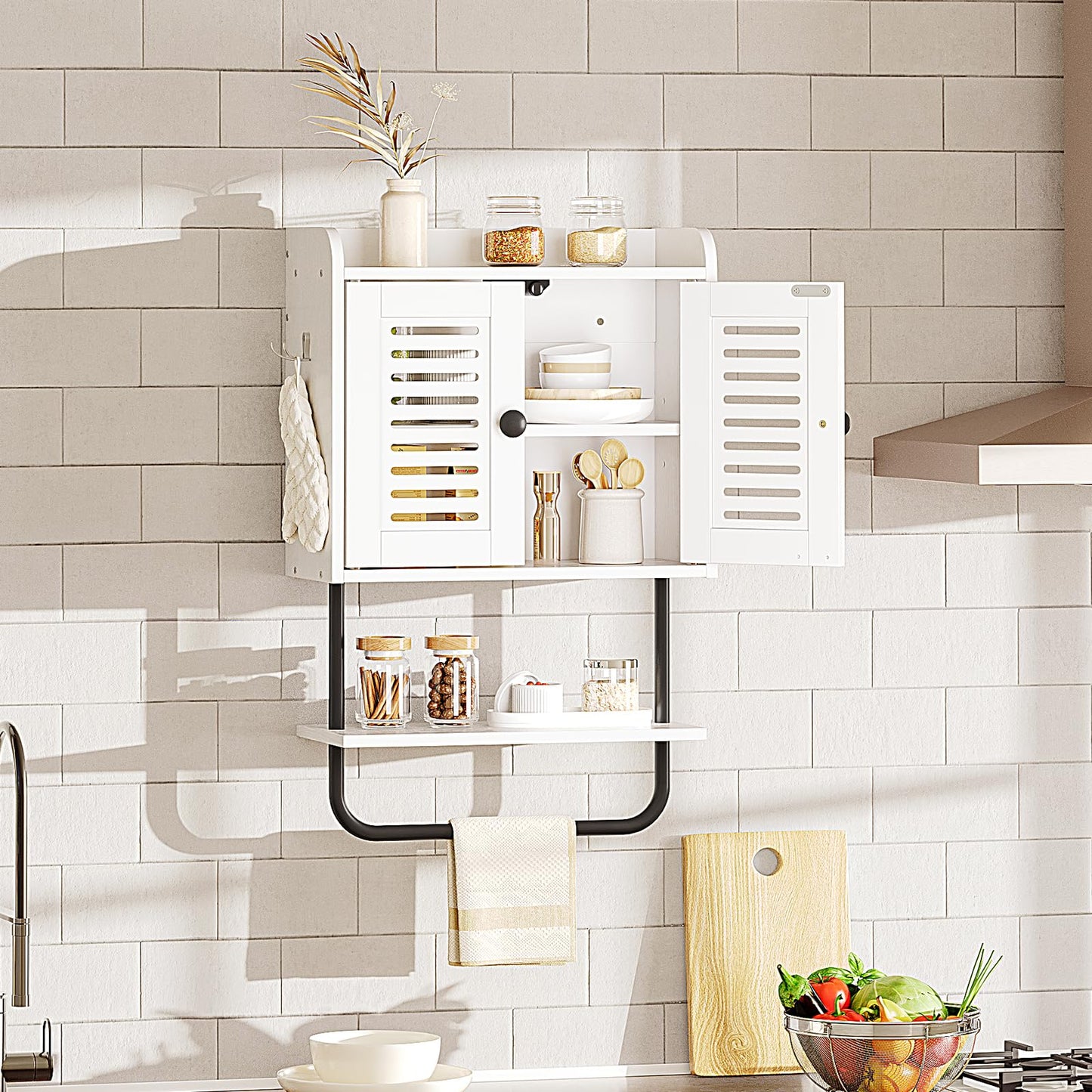 Kitchen wall-mounted storage unit with shelves and cabinets against a tiled wall.