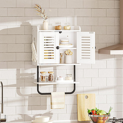 Kitchen wall-mounted storage unit with shelves and cabinets against a tiled wall.