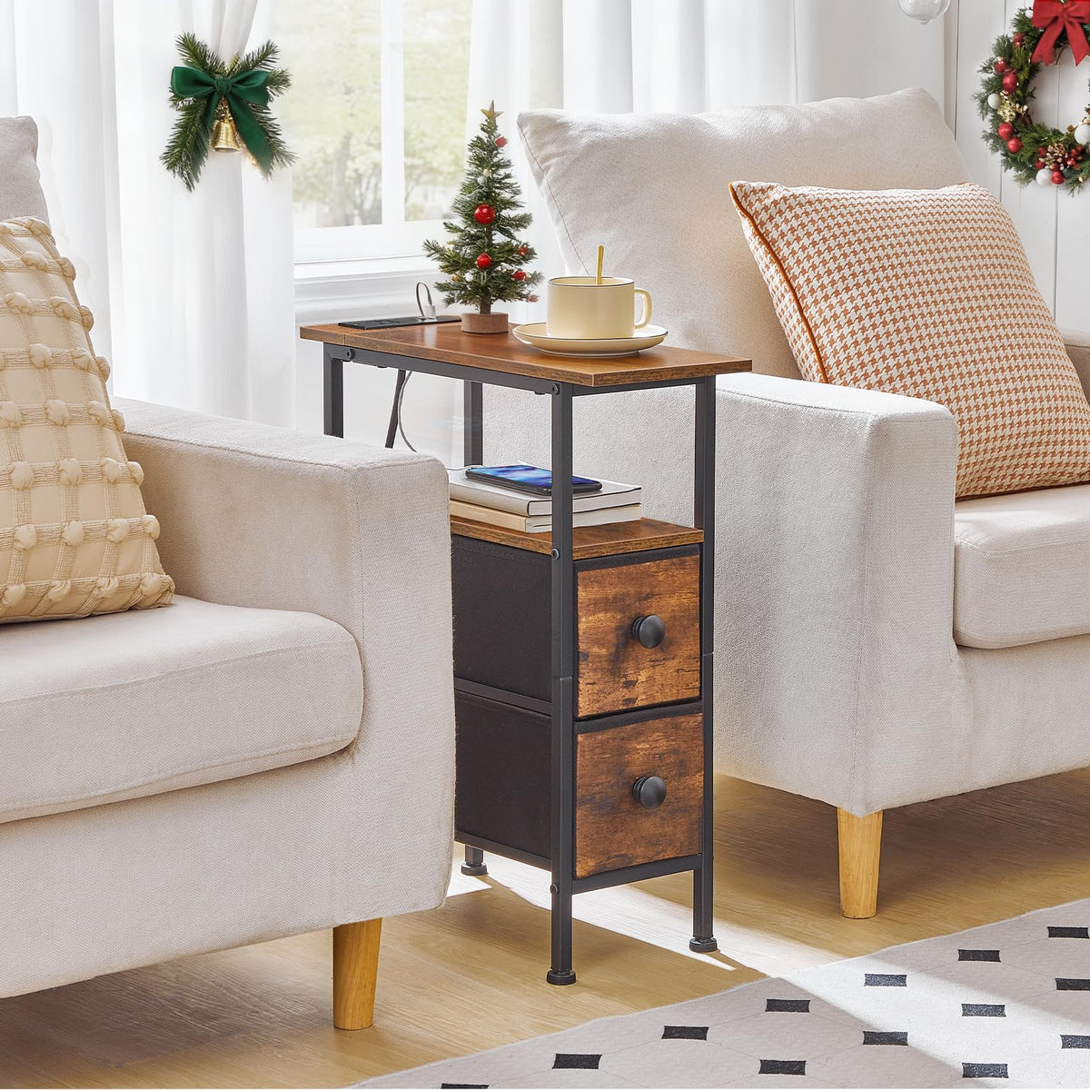 HOOBRO End Table with Charging Station, Narrow Side Table with 2 Fabric Drawers, Skinny Nightstand with Storage, Slim Bedside Table for Living Room, Small Spaces, Rustic Brown and Black BF487UBZ01