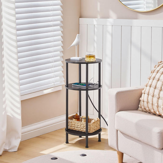 HOOBRO 3-Tier Small Round Side Table with Charging Station