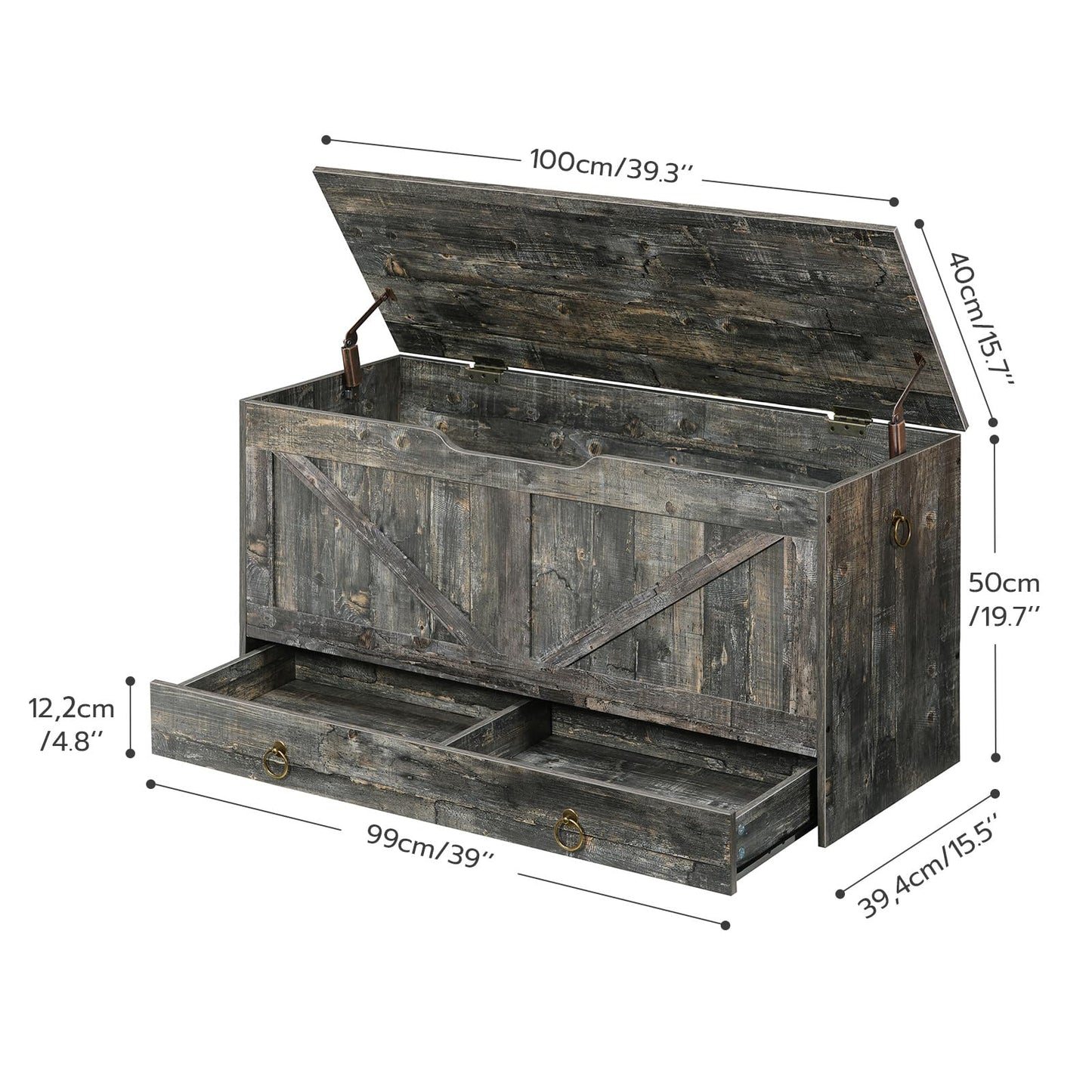 HOOBRO 39.3-inch Wooden Toy Box Storage Box with Drawers & Safety Hinges & U-Shaped Opening