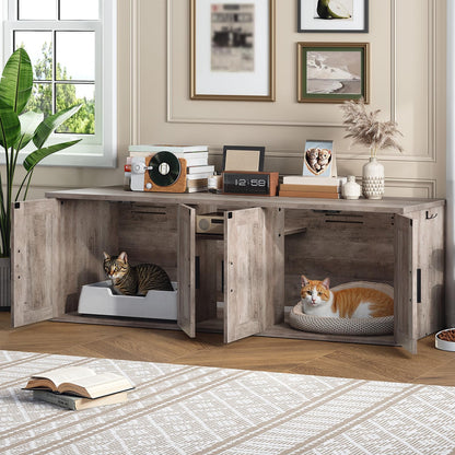 HOOBRO Greige Wooden Double Hidden Litter Box Enclosure with Corridor & Storage Layer & Hooks