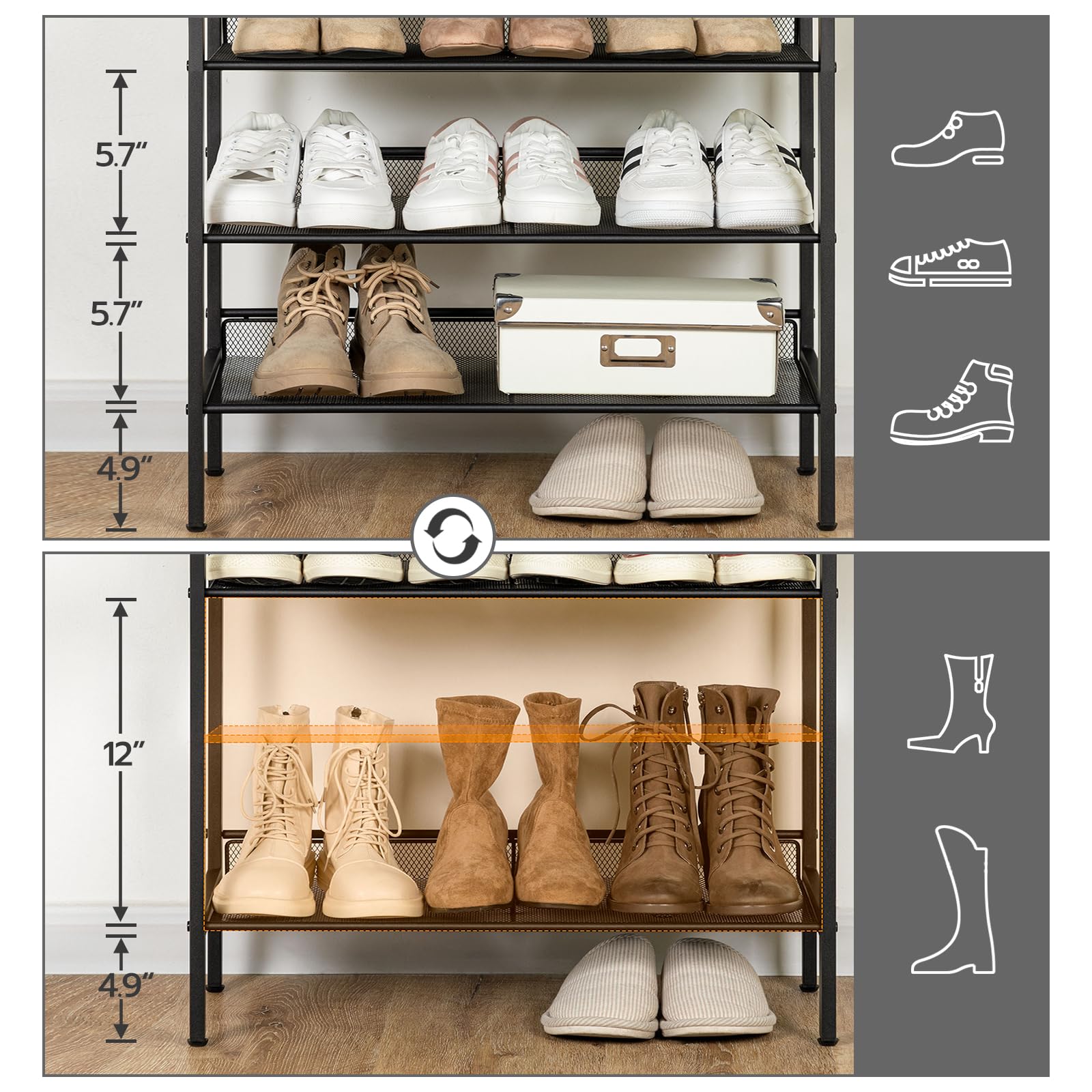 Multi-tier shoe rack with shoes and measurements on a gray background