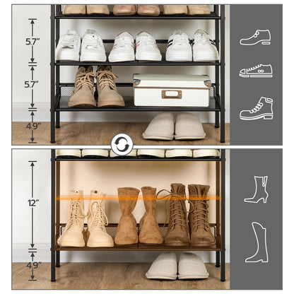 Multi-tier shoe rack with shoes and measurements on a gray background