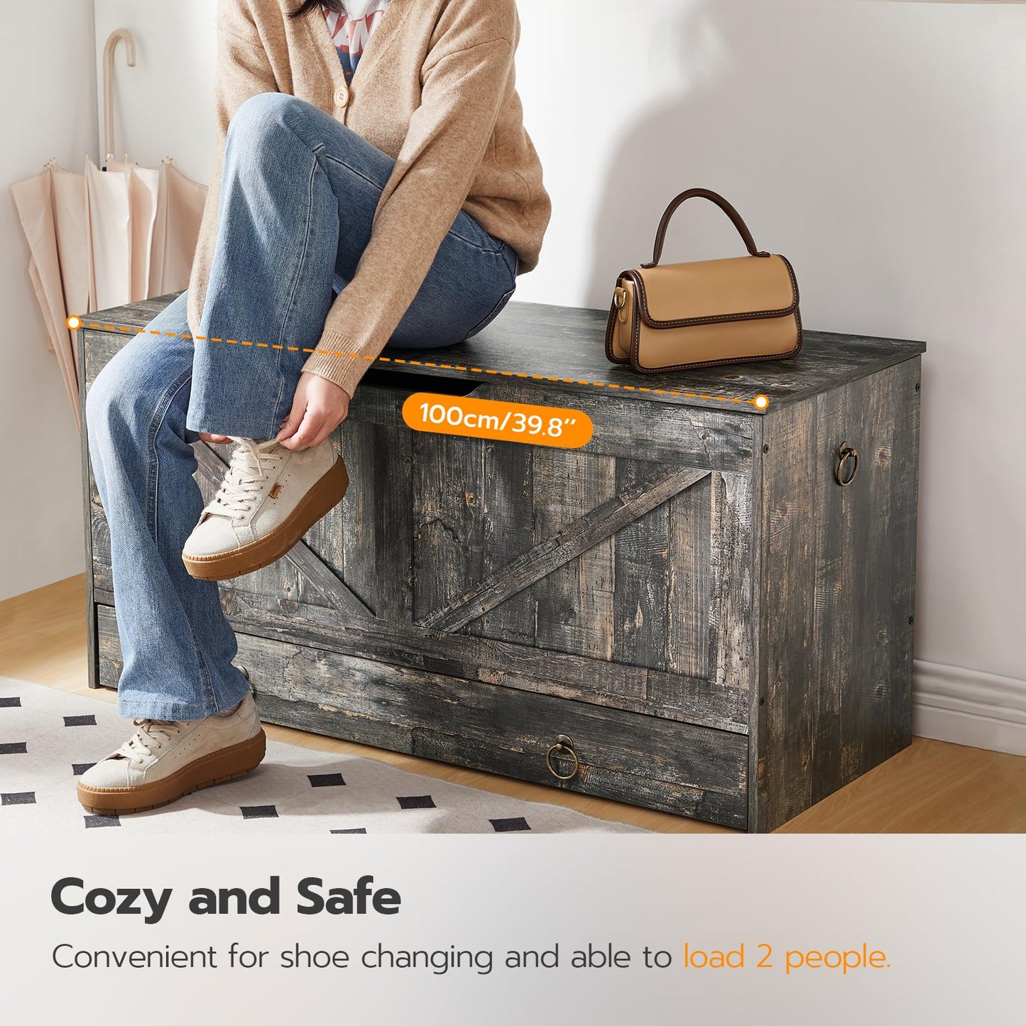 HOOBRO 39.3-inch Wooden Toy Box Storage Box with Drawers & Safety Hinges & U-Shaped Opening