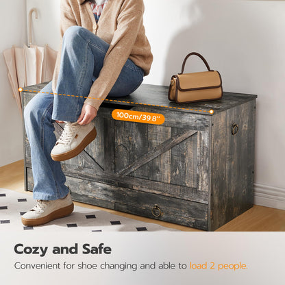 HOOBRO 39.3-inch Wooden Toy Box Storage Box with Drawers & Safety Hinges & U-Shaped Opening