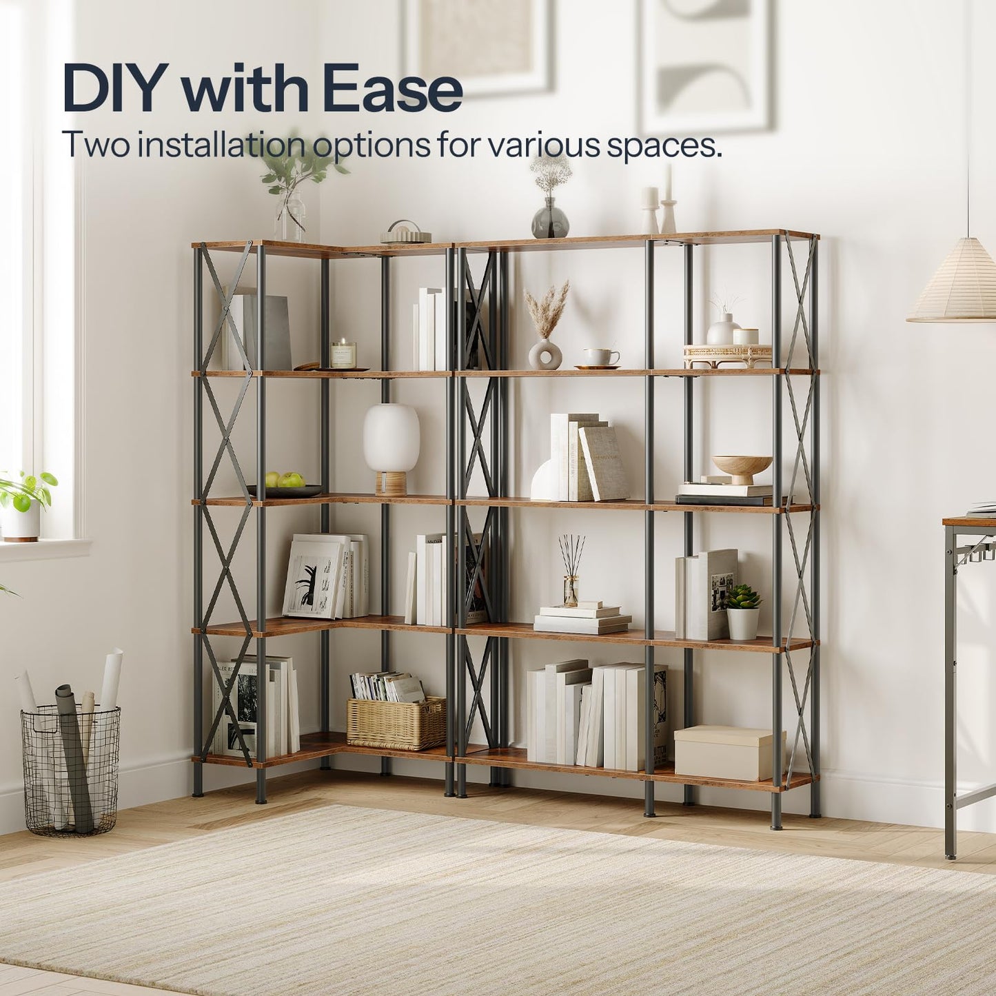 HOOBRO Retro Brown 5-Tier Industrial Style Open Display L-Shaped Corner Bookshelf