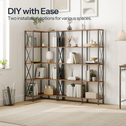 HOOBRO Retro Brown 5-Tier Industrial Style Open Display L-Shaped Corner Bookshelf