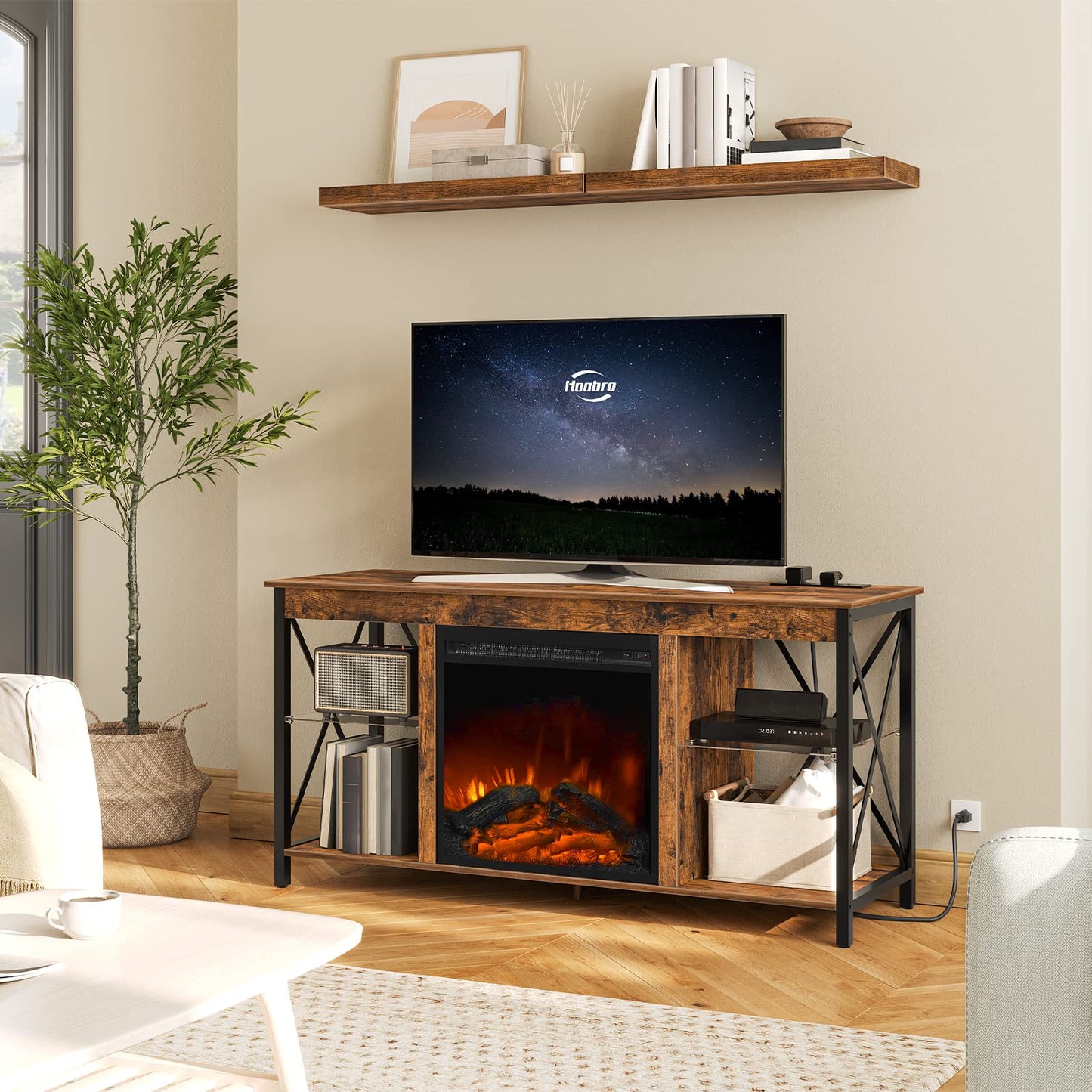 HOOBRO Vintage Brown Glass Shelf Fireplace TV Stand with Charging Station & LED Lights