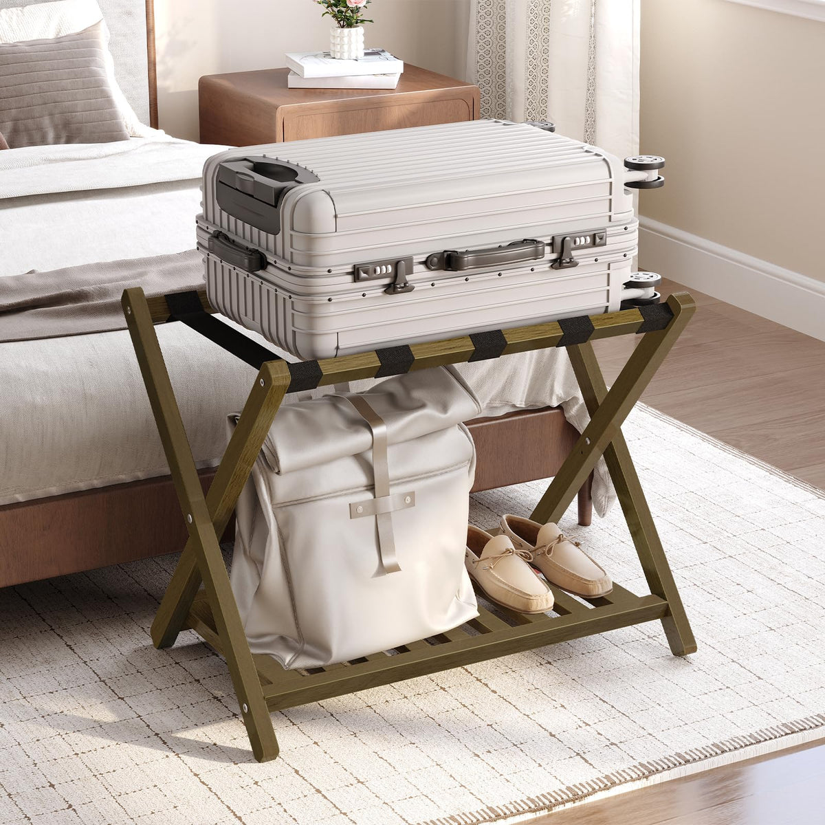 HOOBRO 2-Tier Solid Wood Folding Luggage Rack for Guest Room, Bedroom