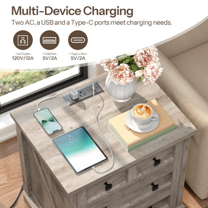 HOOBRO Farmhouse 3-Drawer End Table & Nightstand with Charging Station