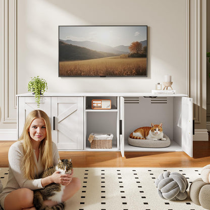 HOOBRO White Wooden Concealed Double-Layer Litter Box Cabinet with Aisle & Storage Shelves & Hooks