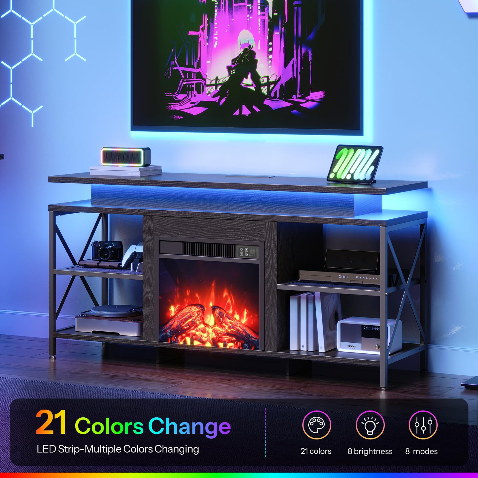 Modern entertainment console with electric fireplace and LED strip lighting in a room setting.