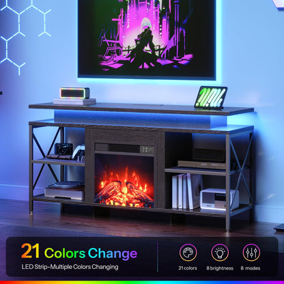 Modern entertainment console with electric fireplace and LED strip lighting in a room setting.