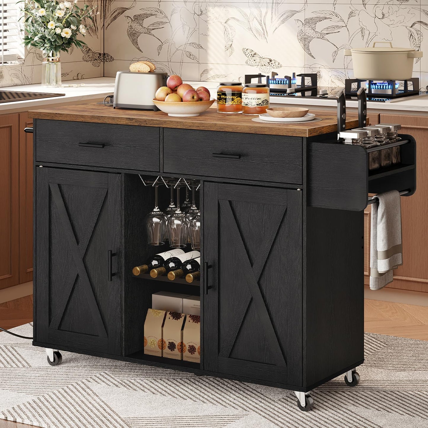 HOOBRO Rolling Kitchen Island with Power Outlet & Wine Storage