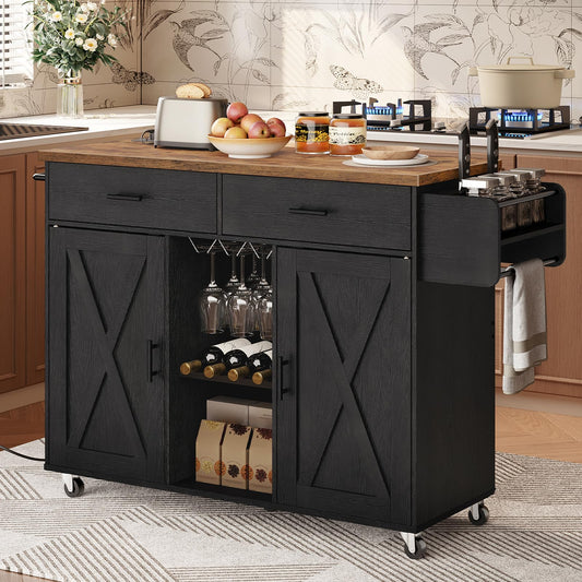 HOOBRO Rolling Kitchen Island with Power Outlet & Wine Storage