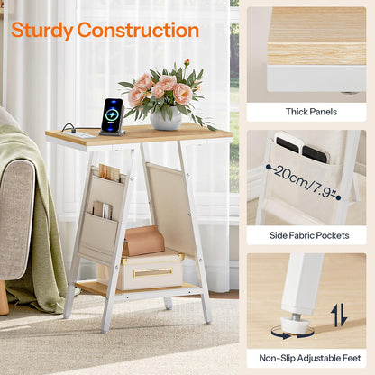 HOOBRO End Table, Skinny Side Table with Storage, Narrow Nightstand with Storage, Fabric Pockets, Narrow End Table for Small Spaces, Living Room, Bedroom, White and Natural WN426UBZ01