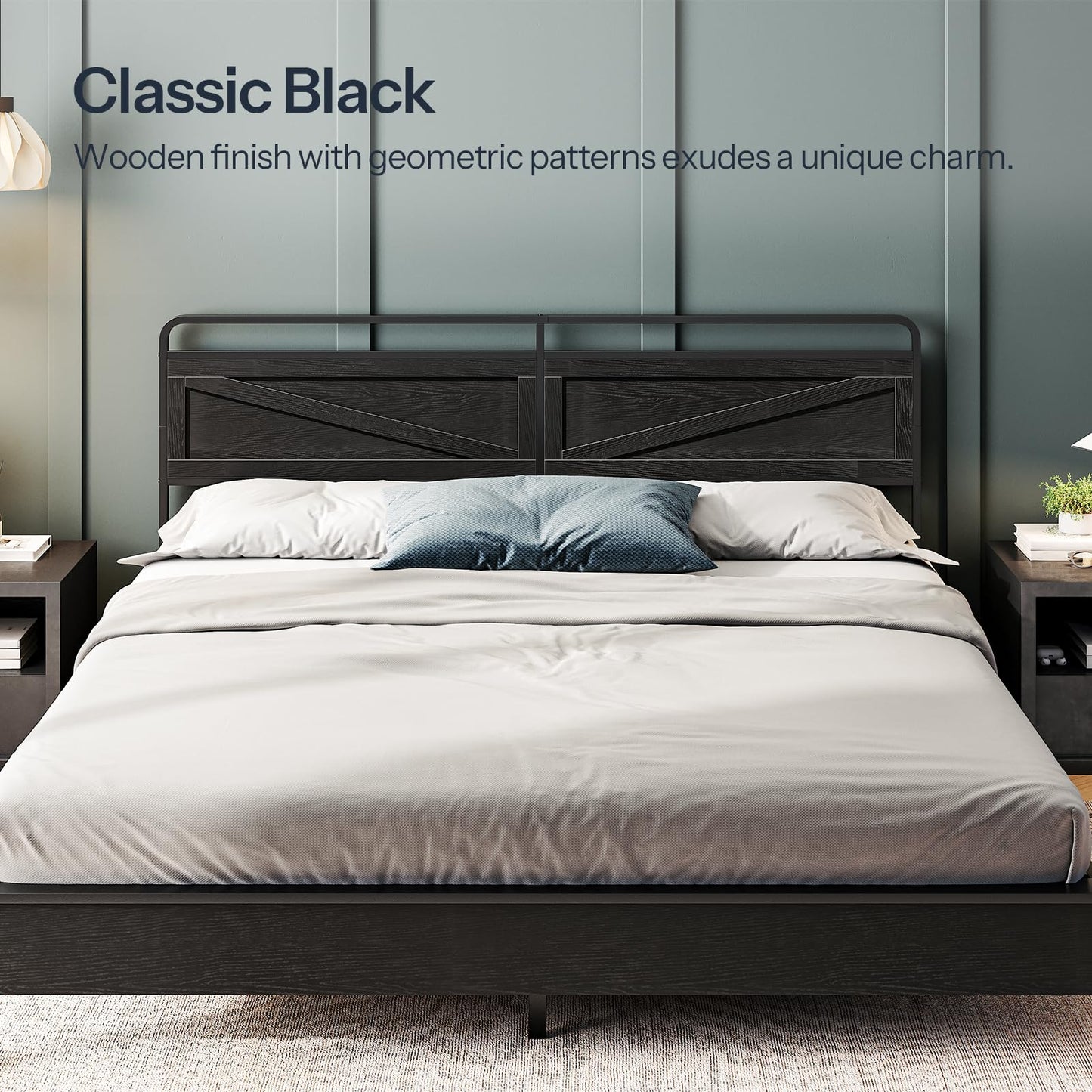 Dark wooden bed with geometric patterns against a gray wall.